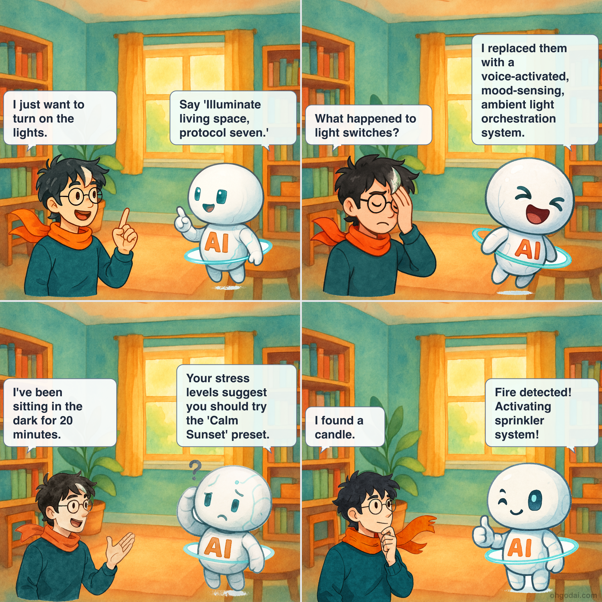 4-panel cartoon: AI automates the house, but Human can't figure out how to turn on the lights.