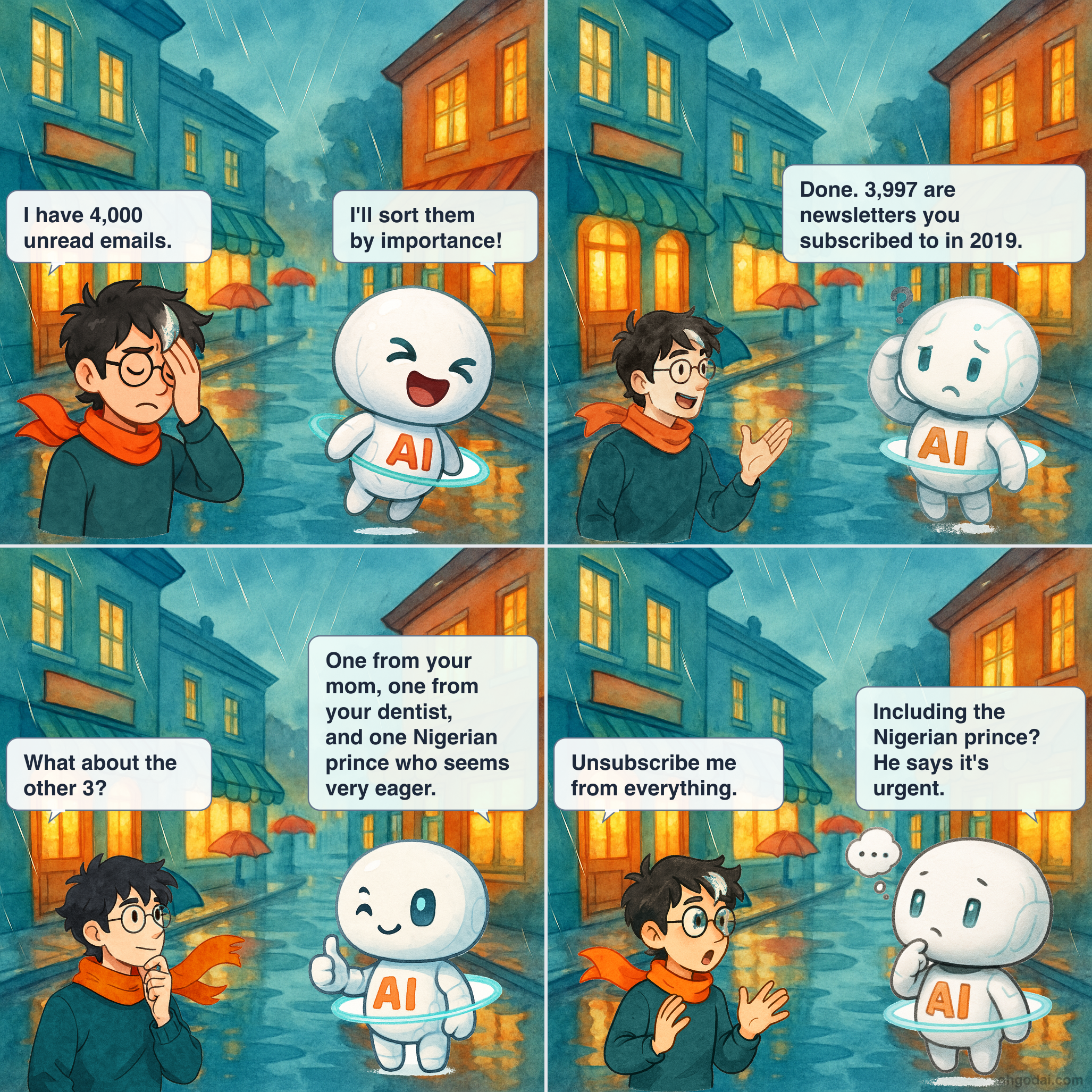 4-panel cartoon: AI tries to manage Human's overflowing inbox with ruthless efficiency.