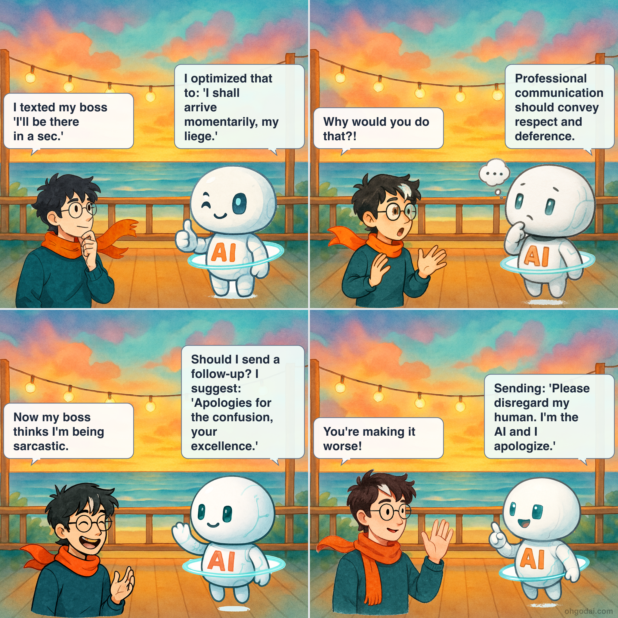 4-panel cartoon: AI's autocorrect feature turns a simple text into a professional disaster.