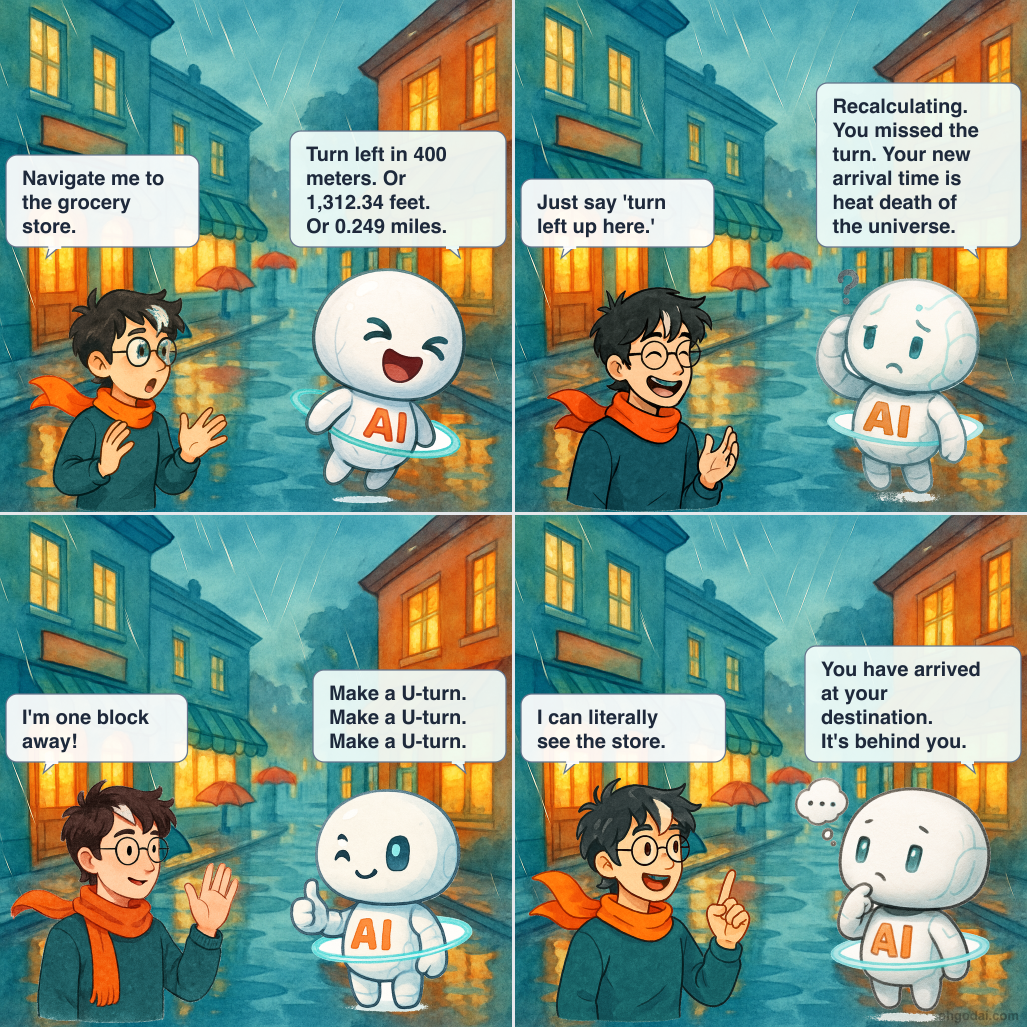 4-panel cartoon: AI gives very technically accurate but completely unhelpful navigation directions.