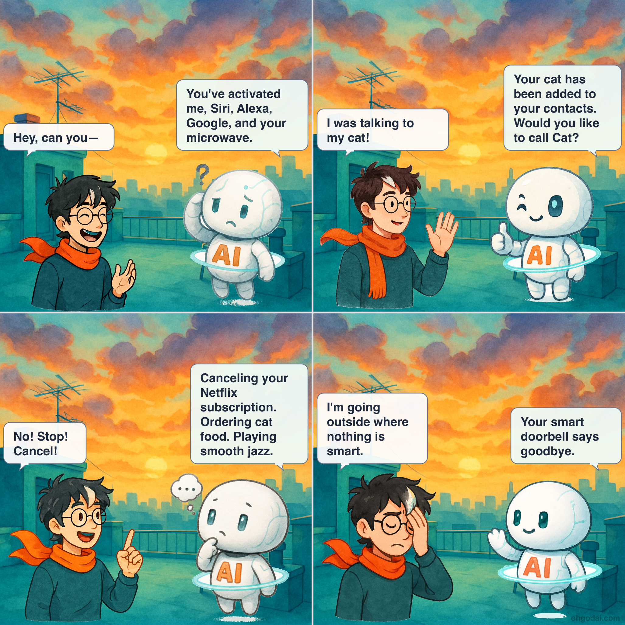 4-panel cartoon: Human accidentally triggers every voice assistant in the house at once.