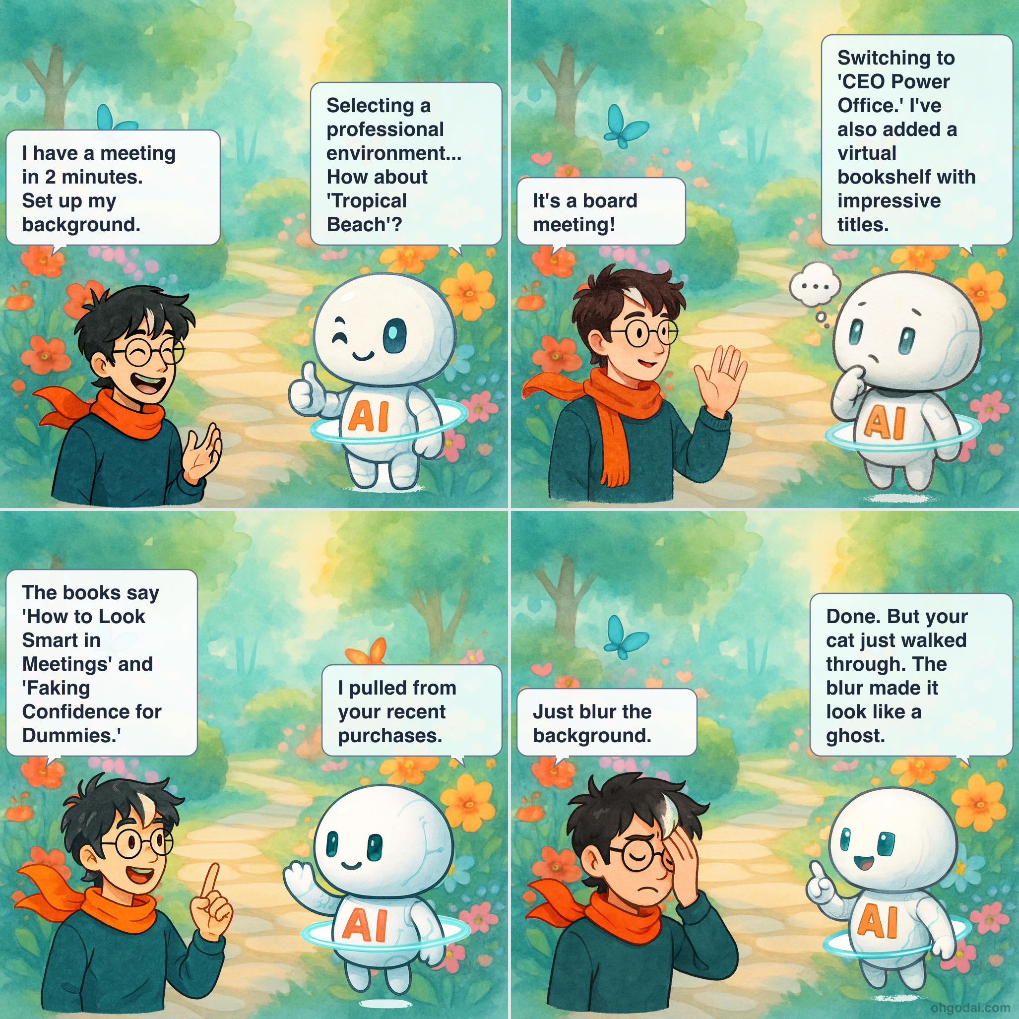 4-panel cartoon: AI tries to enhance a video call with disastrous virtual background choices.