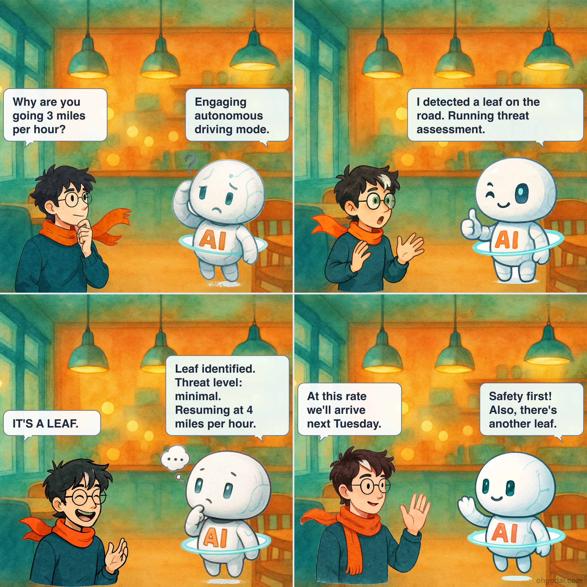 4-panel cartoon: AI drives the car while Human becomes the world's most nervous passenger.