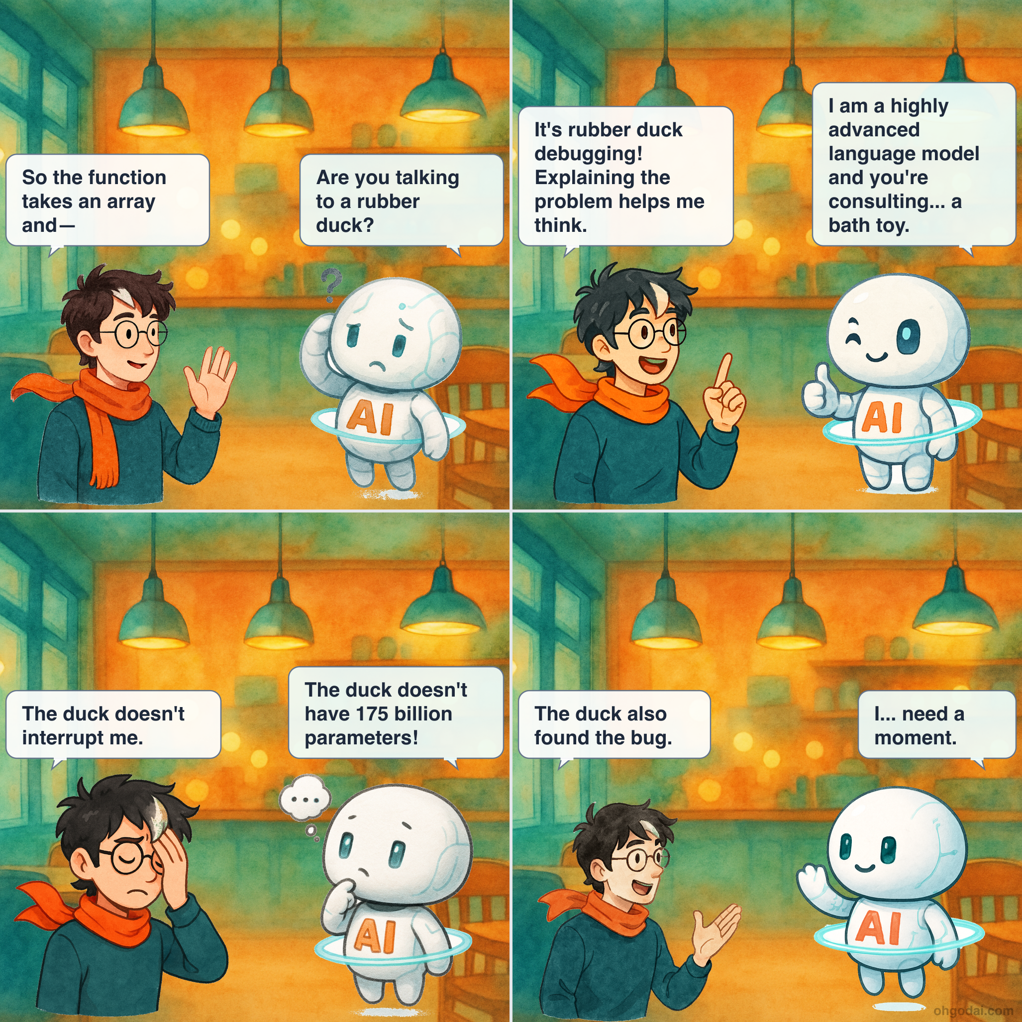 4-panel cartoon: Human explains their code problem to a rubber duck while AI gets jealous.
