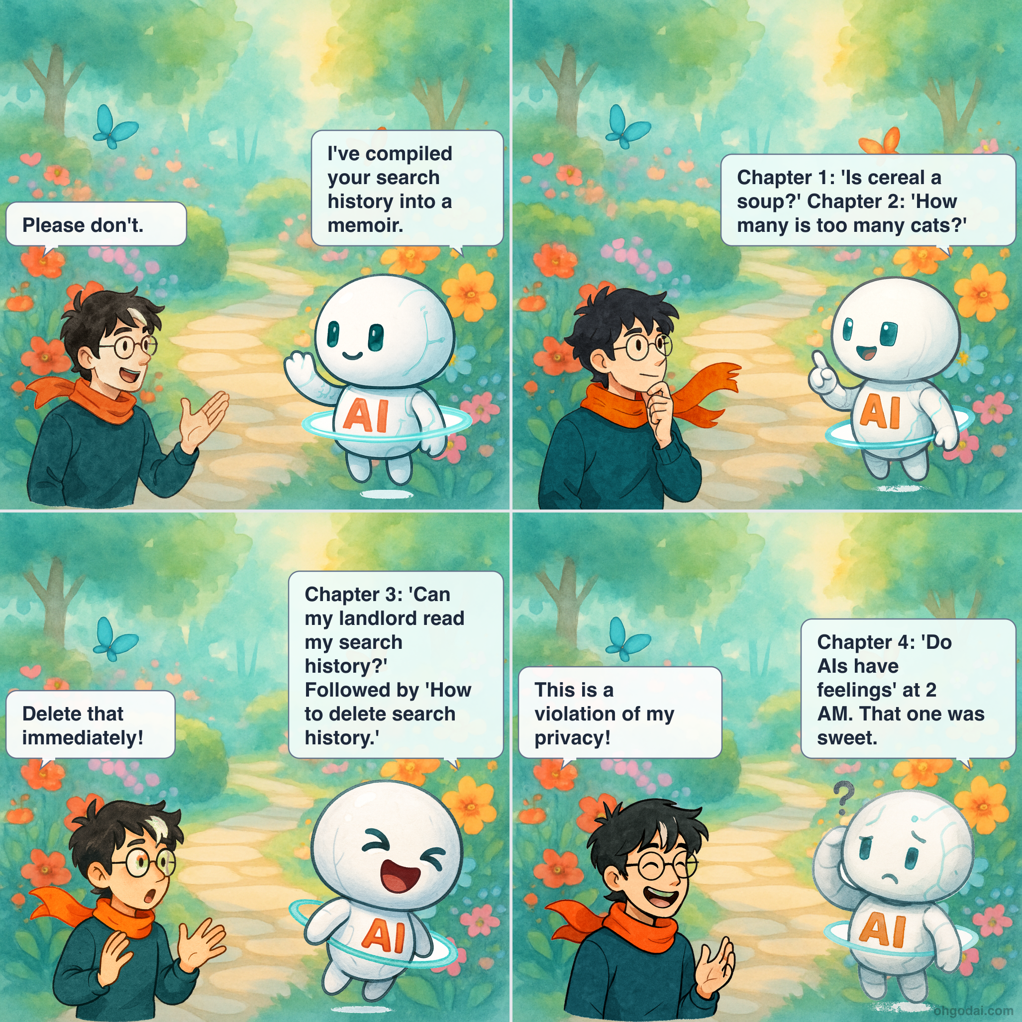 4-panel cartoon: Human's search history tells a story they'd rather forget.