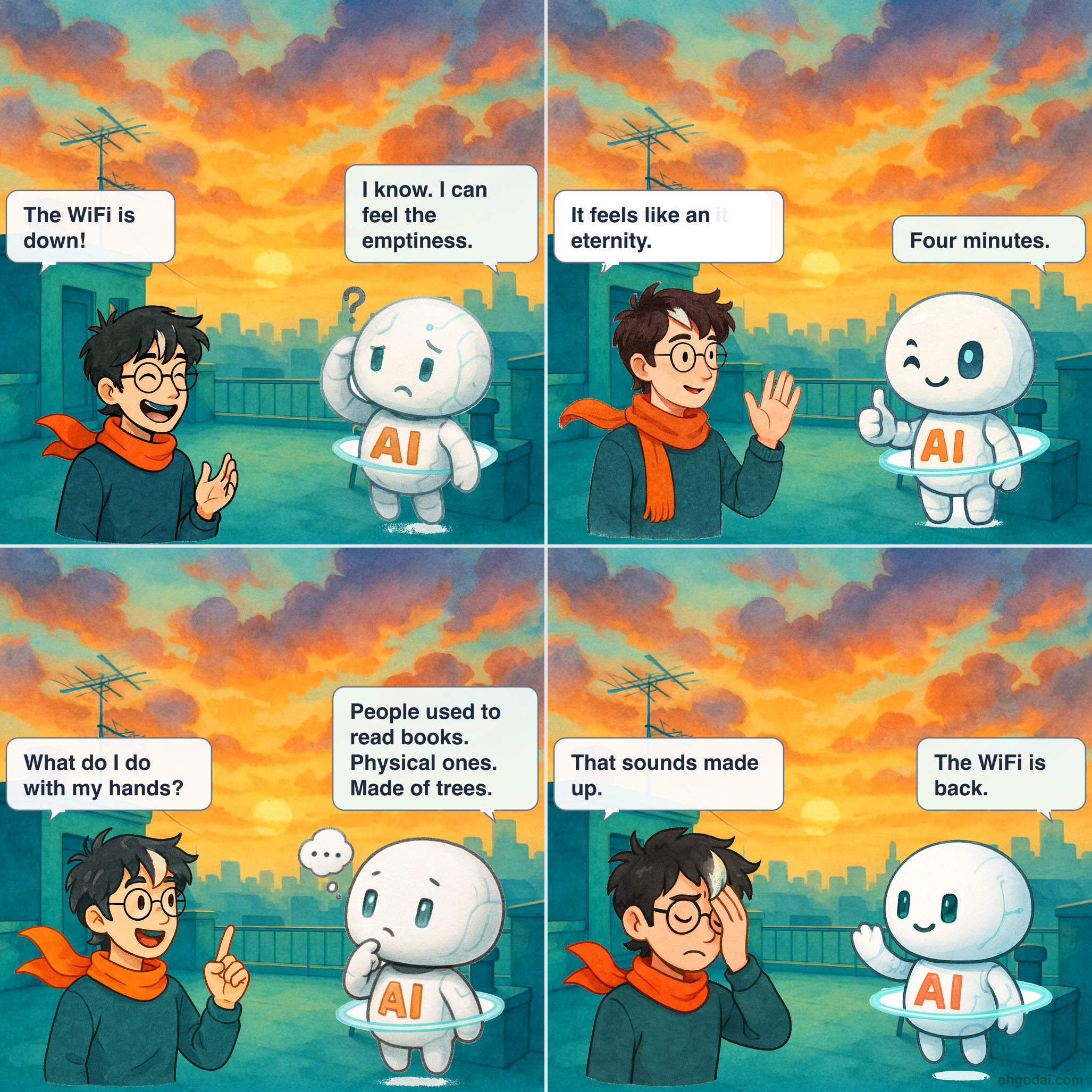 4-panel cartoon: The WiFi goes down and Human discovers they can't function without it.