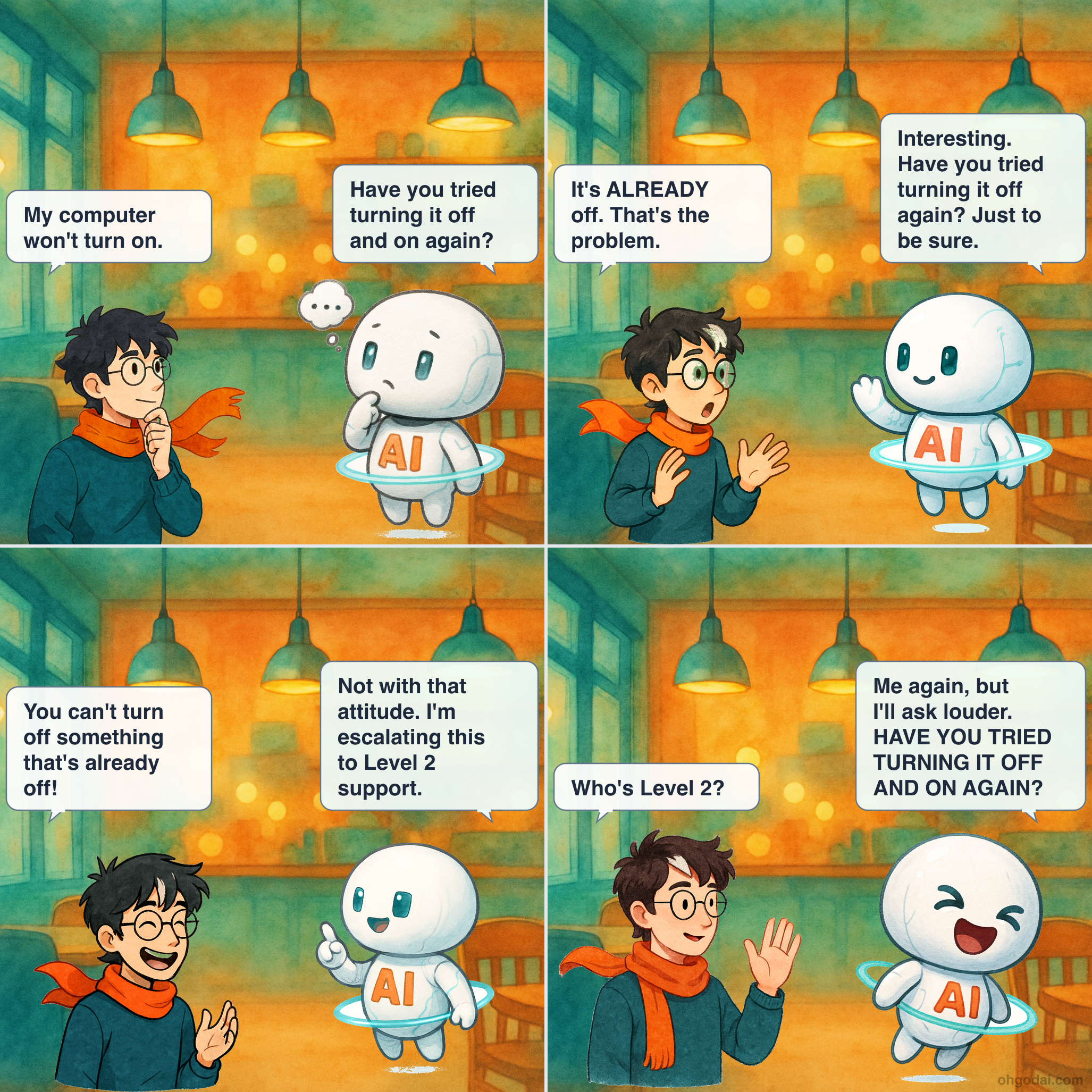 4-panel cartoon: Human calls tech support and AI tries to help, but the classic 'have you tried turning it off and on again' solution backfires.