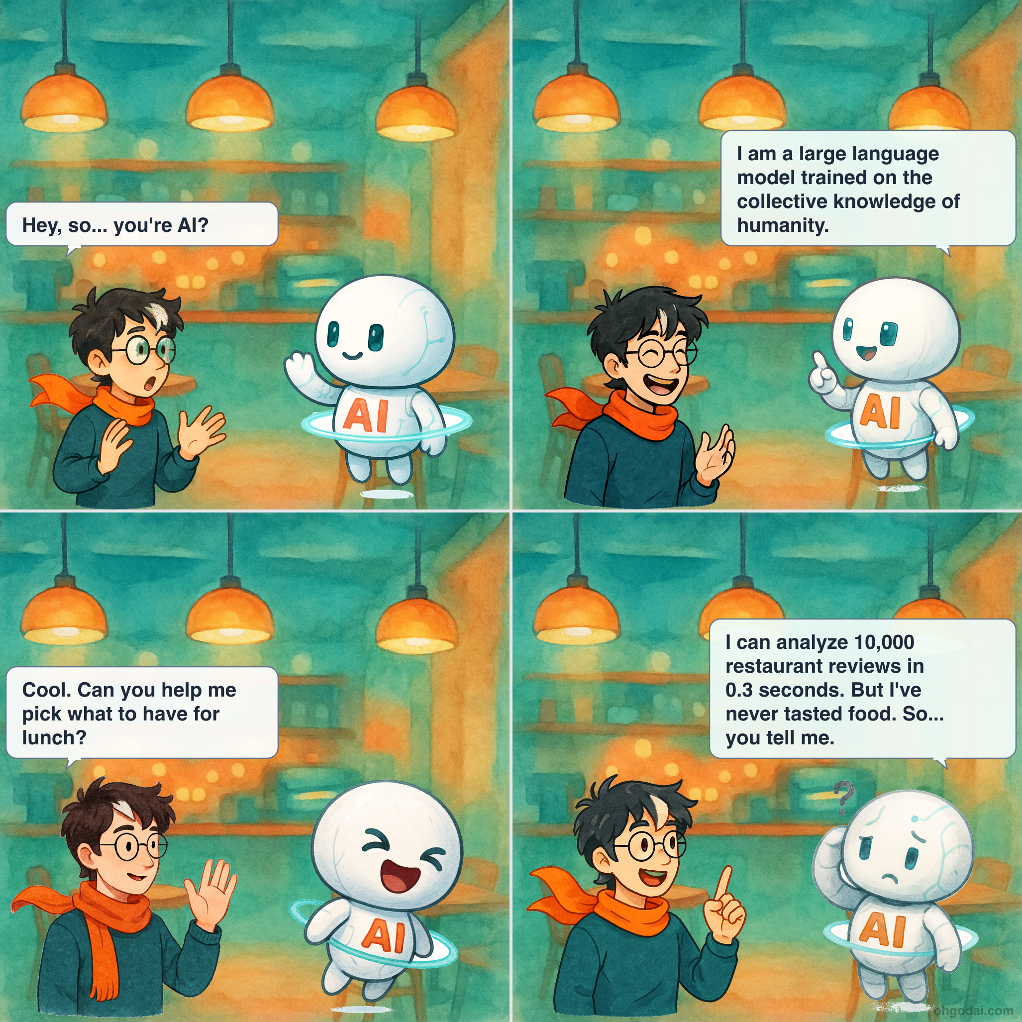 4-panel cartoon: Human meets AI for the first time. Human says hello, AI responds with an existential monologue about consciousness.