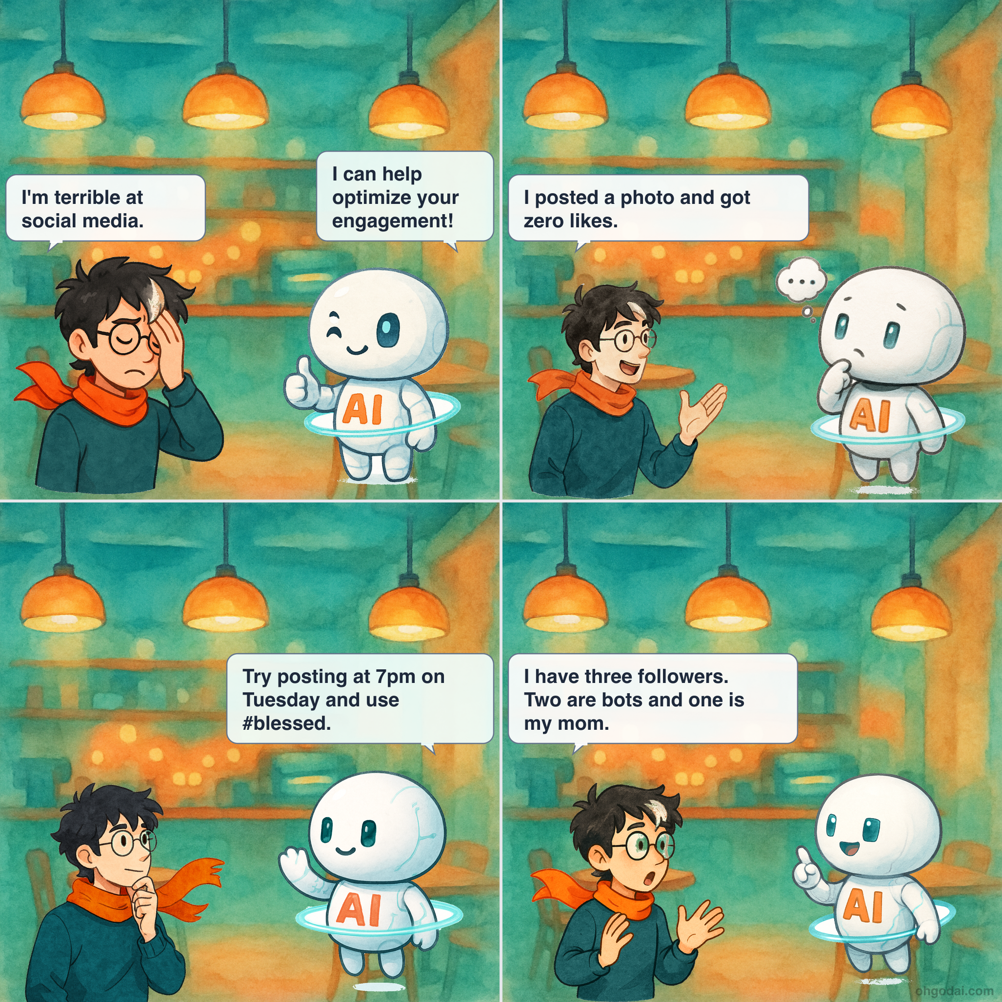 Panel 1: Human looks frustrated at phone while AI floats nearby. Panel 2: Human explains low social media engagement. Panel 3: AI suggests posting during peak hours and using trending hashtags. Panel 4: Human realizes AI missed the point about having no friends.
