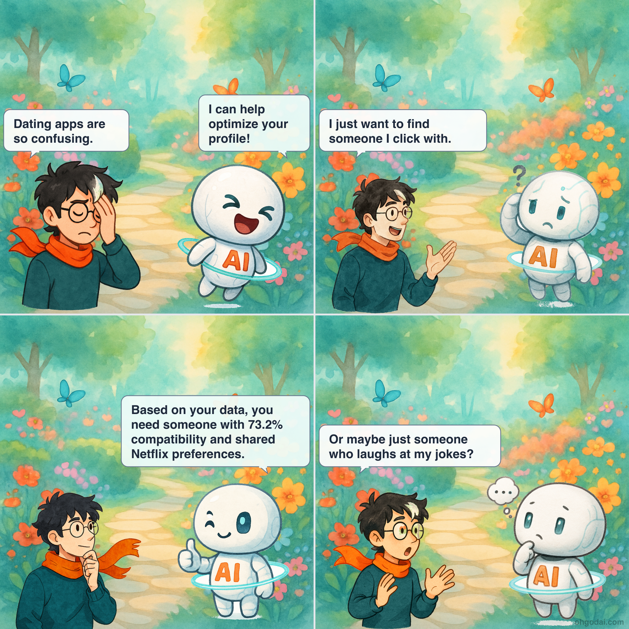 Panel 1: Human looks frustrated while AI floats nearby. Panel 2: Human gestures while explaining dating apps. Panel 3: AI responds with technical analysis. Panel 4: Human looks exasperated at AI's clinical approach.