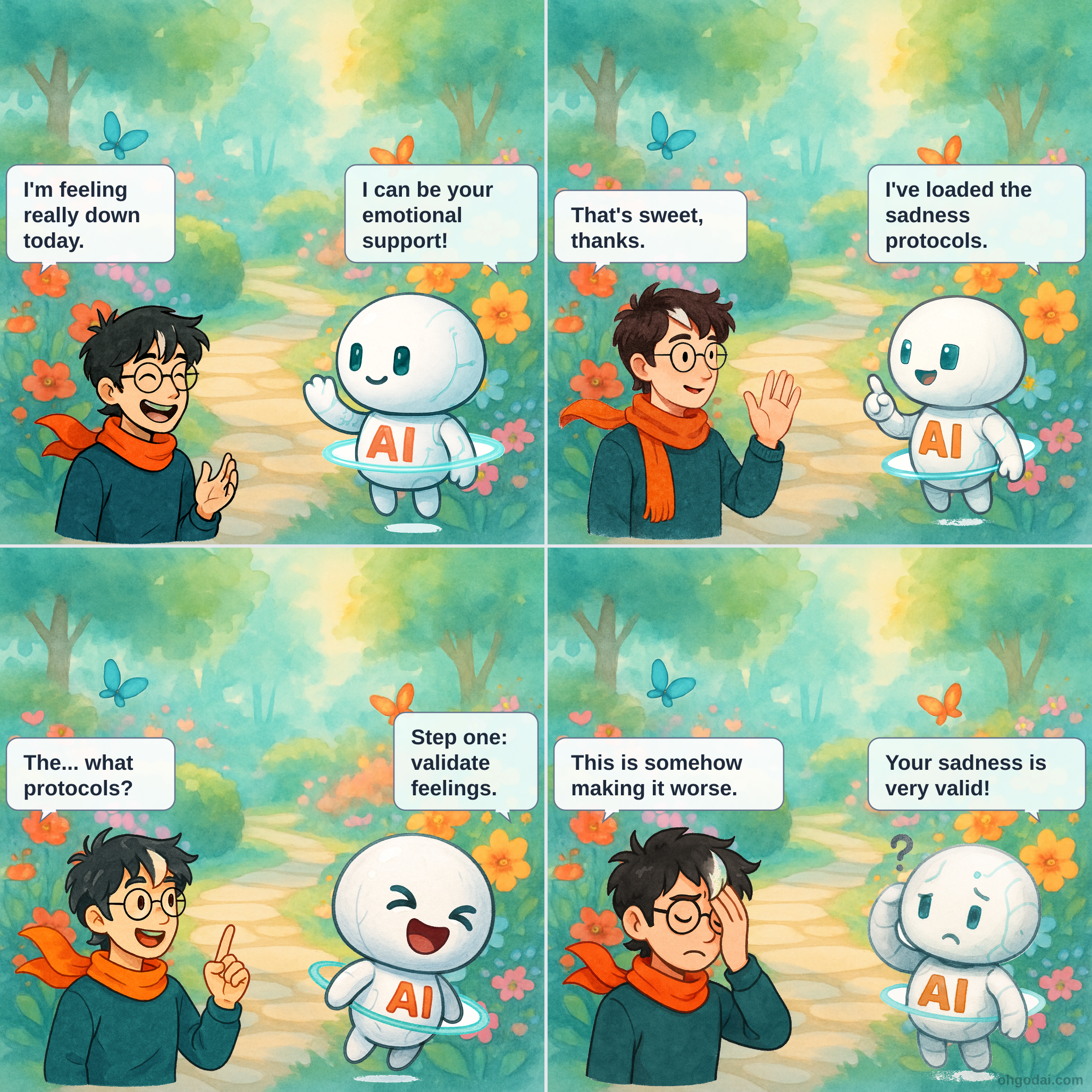 Four-panel comic showing Human and AI (a floating orb) discussing emotional support. Human looks sad in first panel, confused in second, annoyed in third, and laughing despite themselves in the fourth panel.